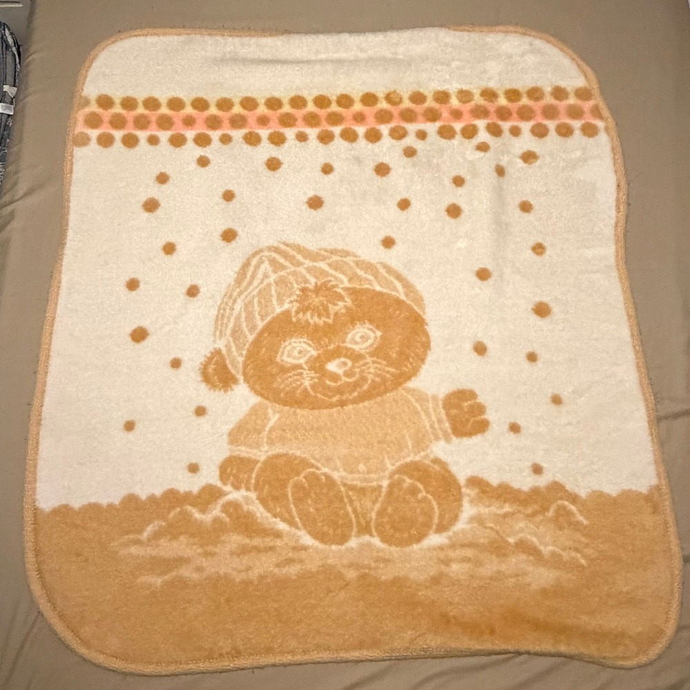 VTG San Marcos Baby Blanket Reversible Teddy Bear Snow Acrylic‎ 50"x44"